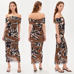 Cleobella Cordelia Ankle Dress Brown Black Floral Off Shoulder Mesh Midi Resort